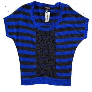 Daytrip Buckle Blue Black Striped Lace Front Knit Top Medium